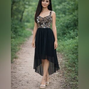 Vintage Women’s 12 Floral Brown & Black High Low Dress Flowy Y2K 90’s Dark Fairy